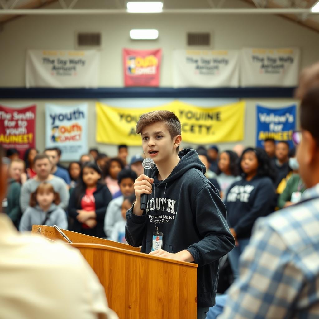 Teen volunteer speaking at a community advocacy event.