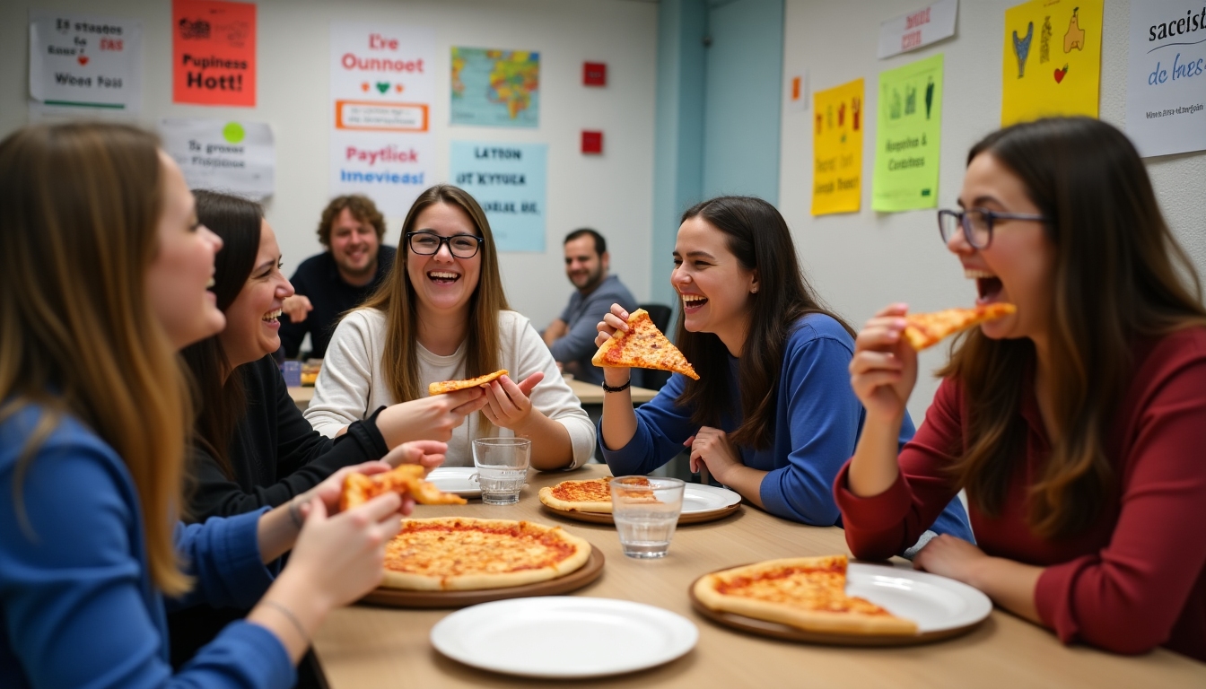 Volunteers bonding over pizza