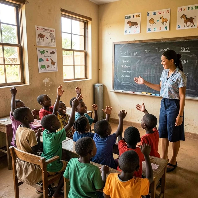 Volunteer teacher in a Kenyan school classroom