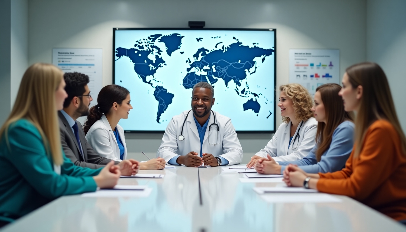 Doctors collaborating at an international health organization.