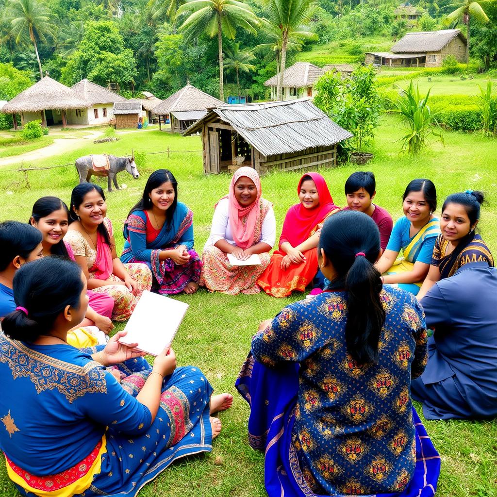 Volunteers in colorful traditional clothing participate in a cultural exchange workshop in a rural village, surrounded by greenery.