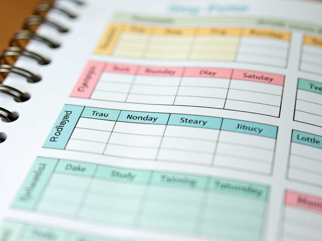 A neatly arranged planner with to-do lists for classes, studying, and volunteering, all color-coded for easy reference.