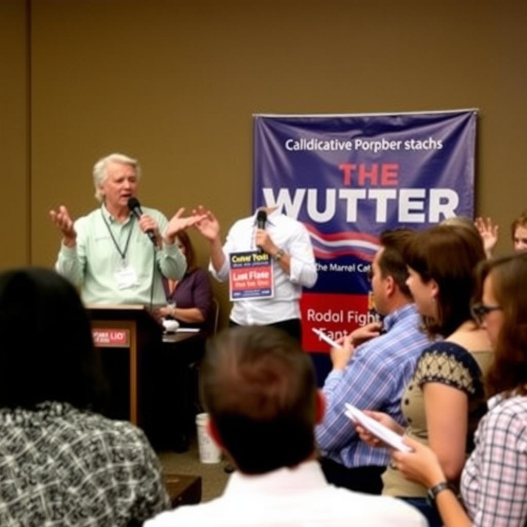 A political volunteer addressing a crowd at a community event, standing on a stage with a campaign banner.