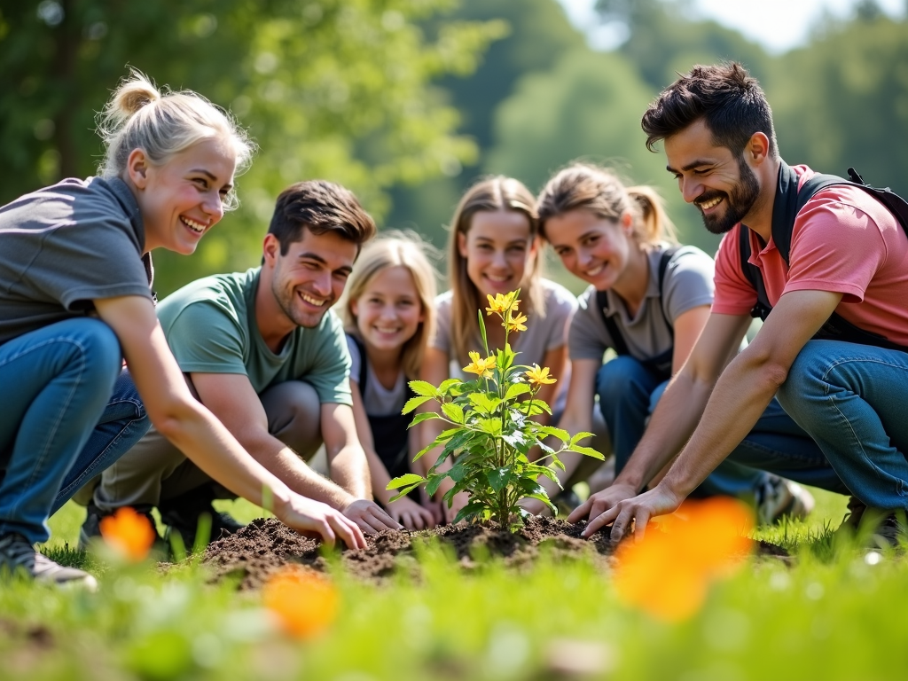 Volunteers planting trees in a community garden