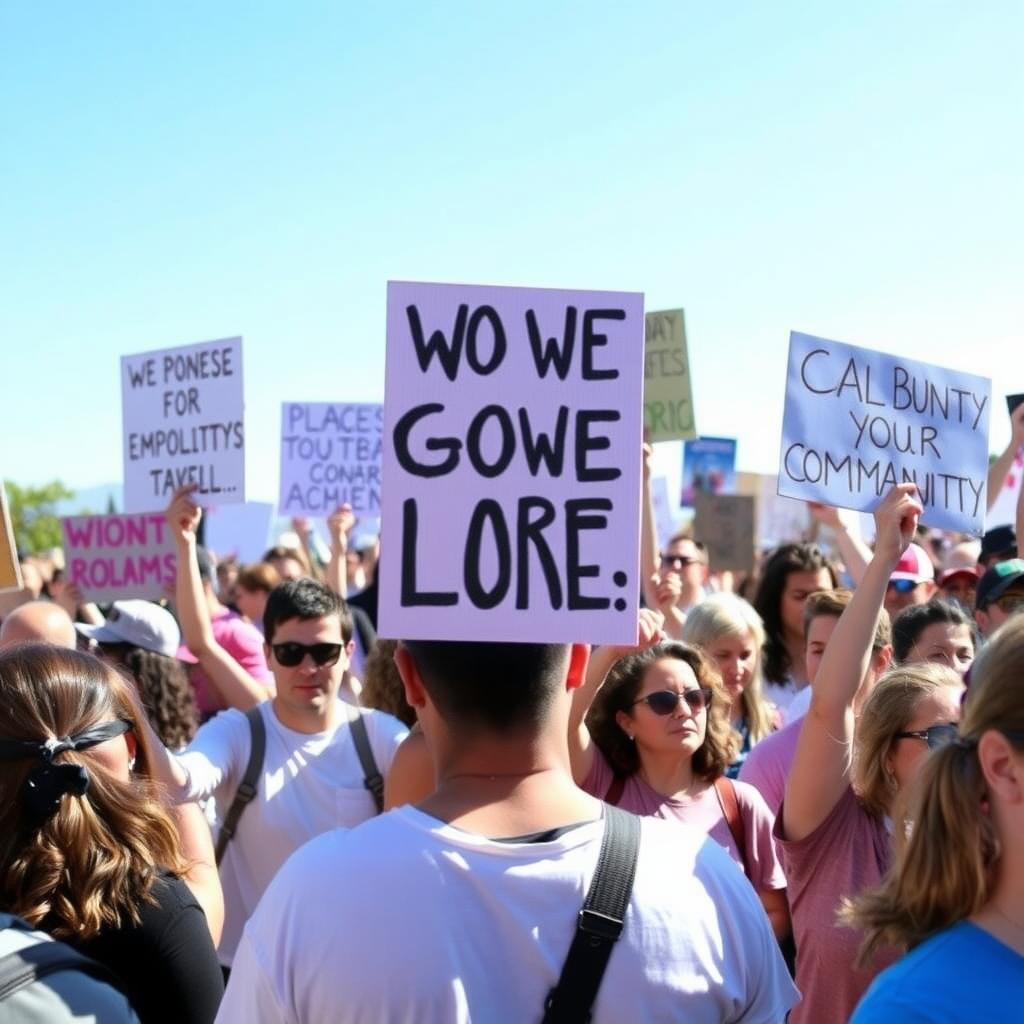 Crowd at a peaceful advocacy event holding signs about equality, under a bright blue sky.