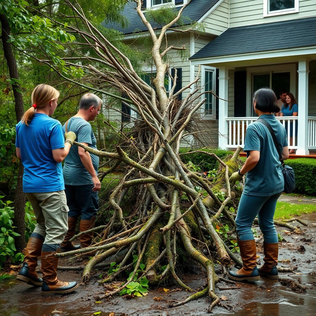 Volunteers cleaning up debris after a tornado.