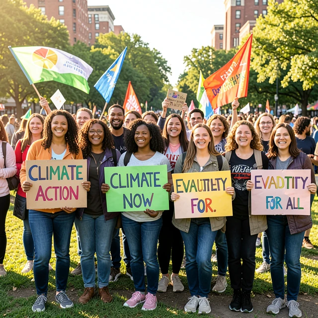 Diverse group of volunteers participating in an outdoor advocacy rally