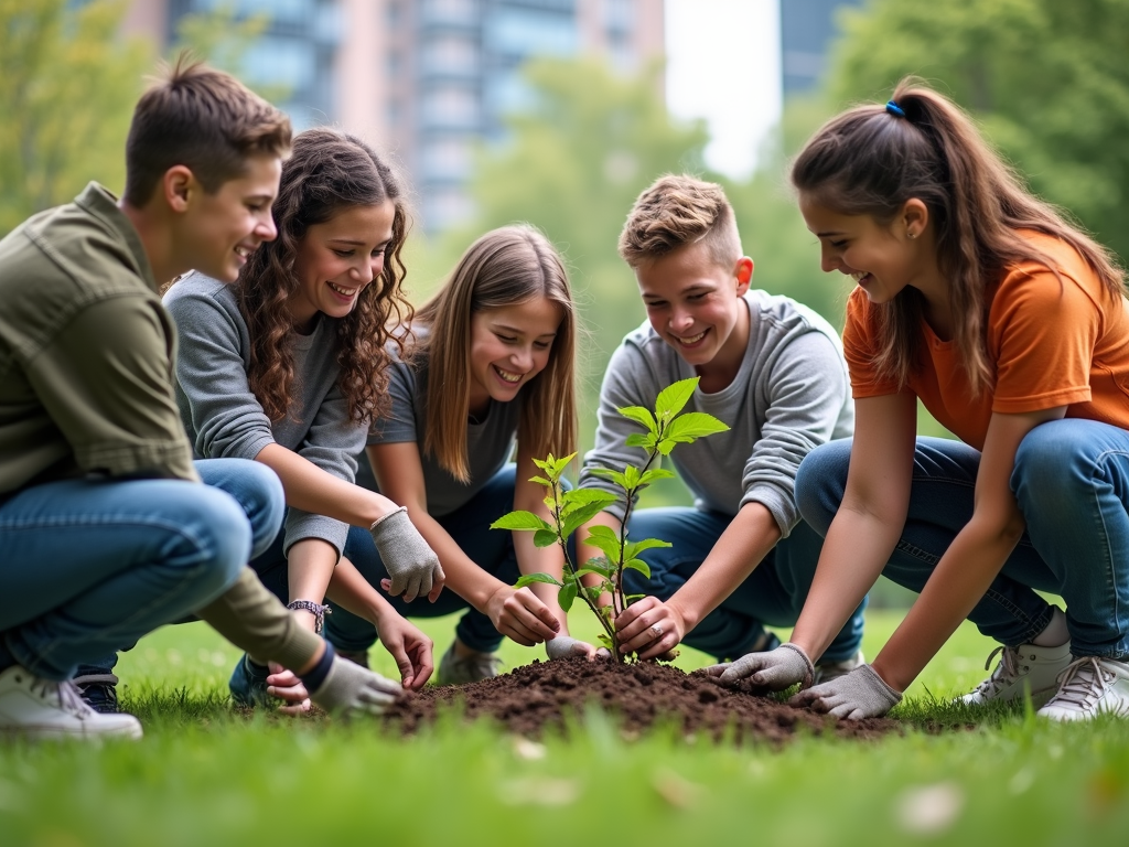 Students planting trees in a community park