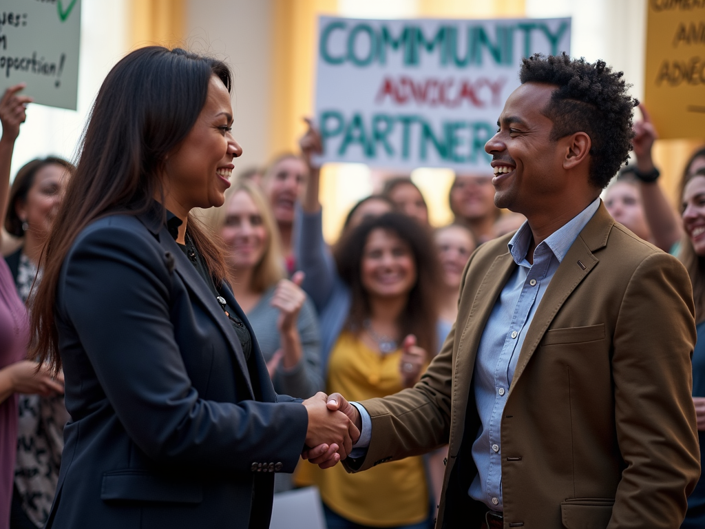 Leaders forming a partnership for advocacy.