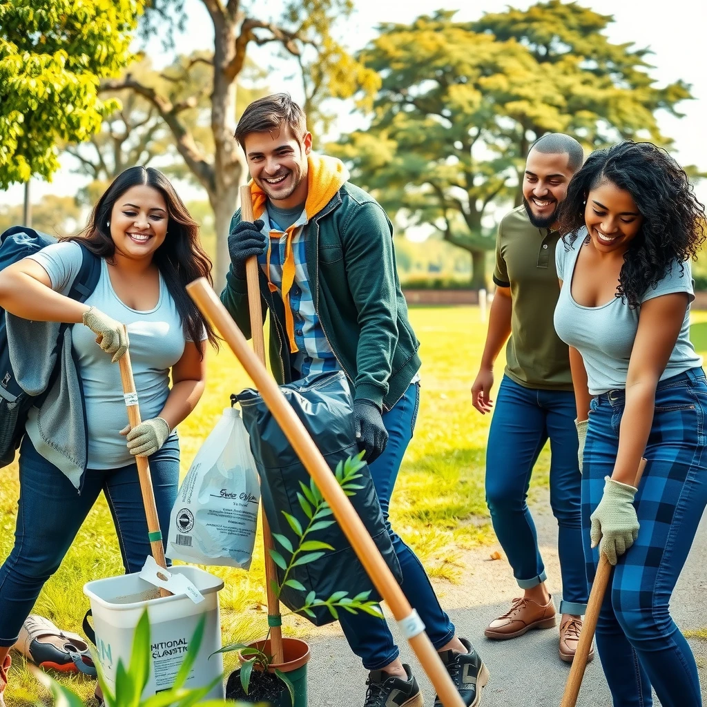 Diverse college students volunteering in a park cleanup, smiling and engaged in community service