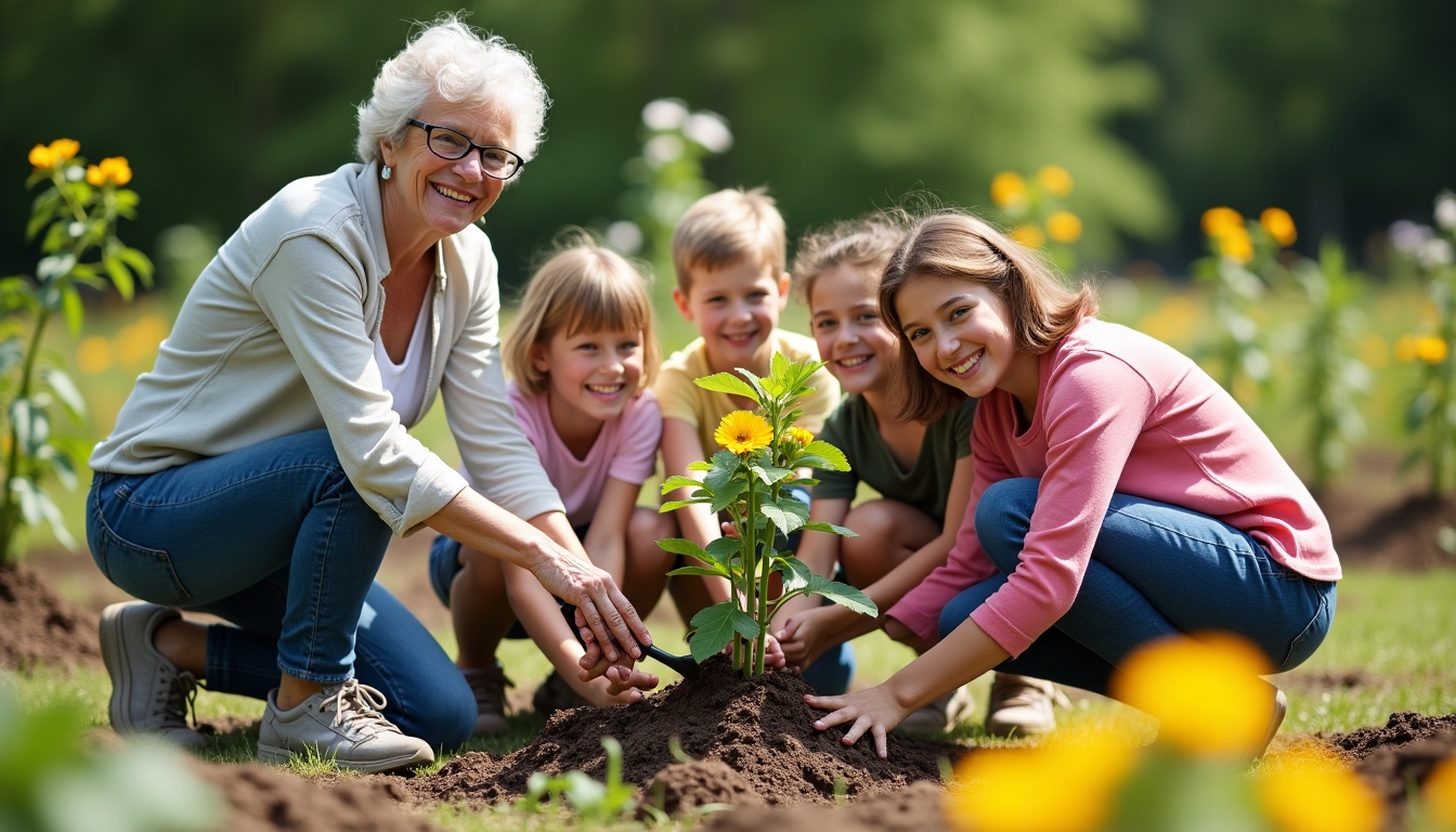 A group of children and adults planting young trees in a field.