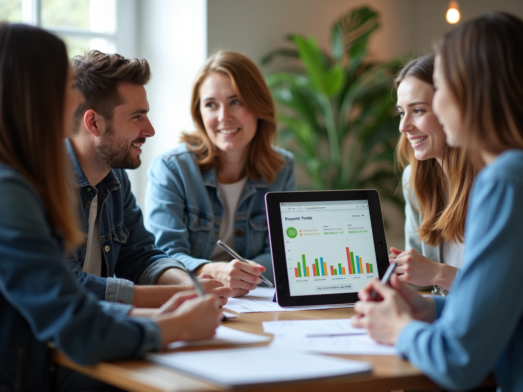 A group discussing project data around a table, with one person holding a tablet displaying a graph.