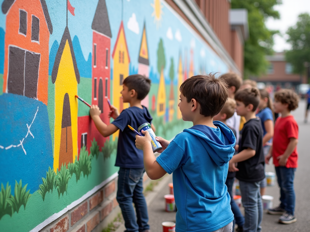 Students painting a community mural as part of service learning