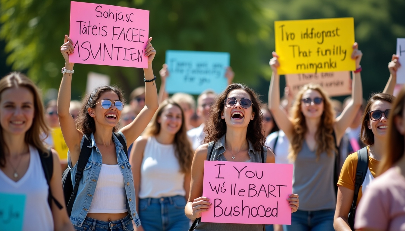 A group of volunteers holding signs at a peaceful advocacy rally, demonstrating unity.