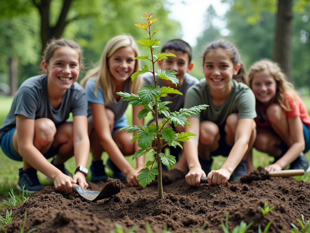 Young advocates planting trees in a park.