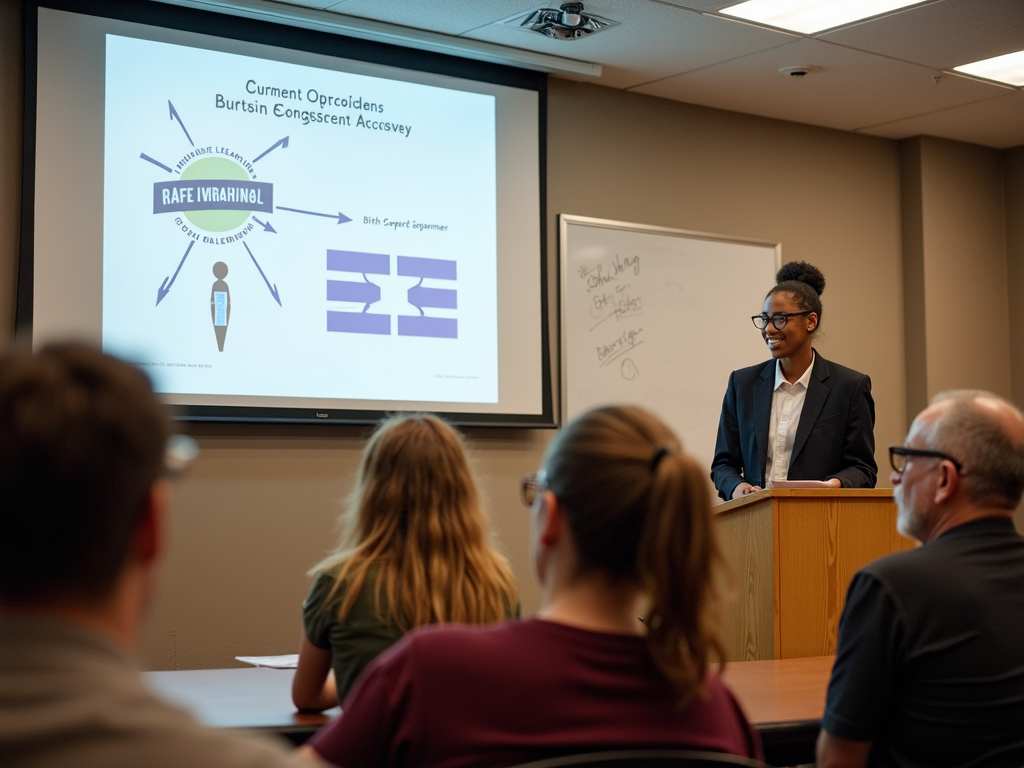 Student presenting service learning project to community members
