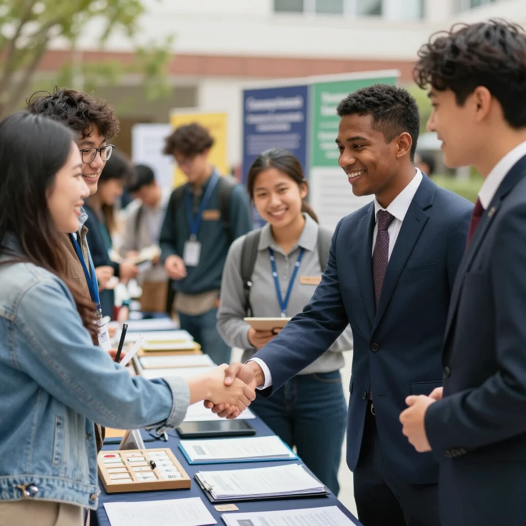 Diverse college students networking with professionals at a campus career fair