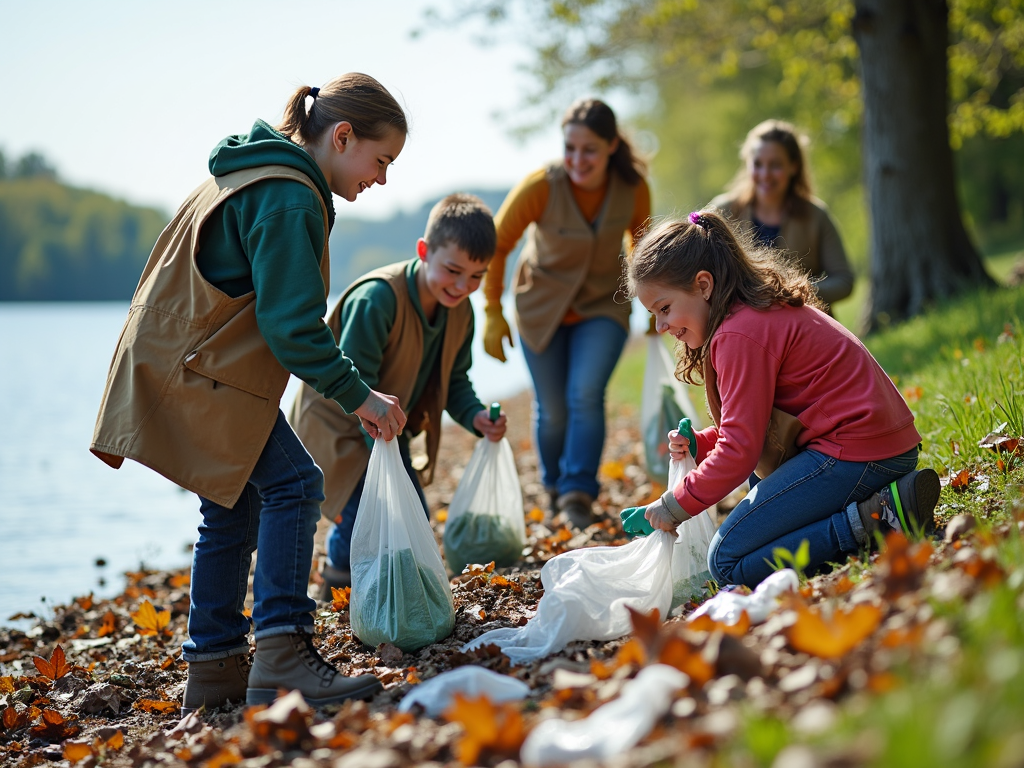 Community volunteers cleaning up a riverbank.