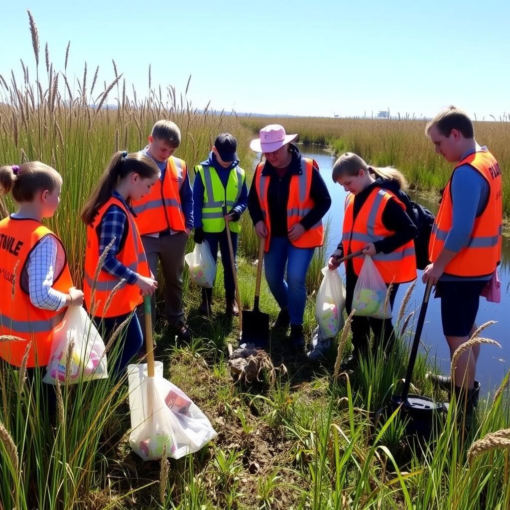 Middle school students cleaning a wetland with a teacher’s guidance.