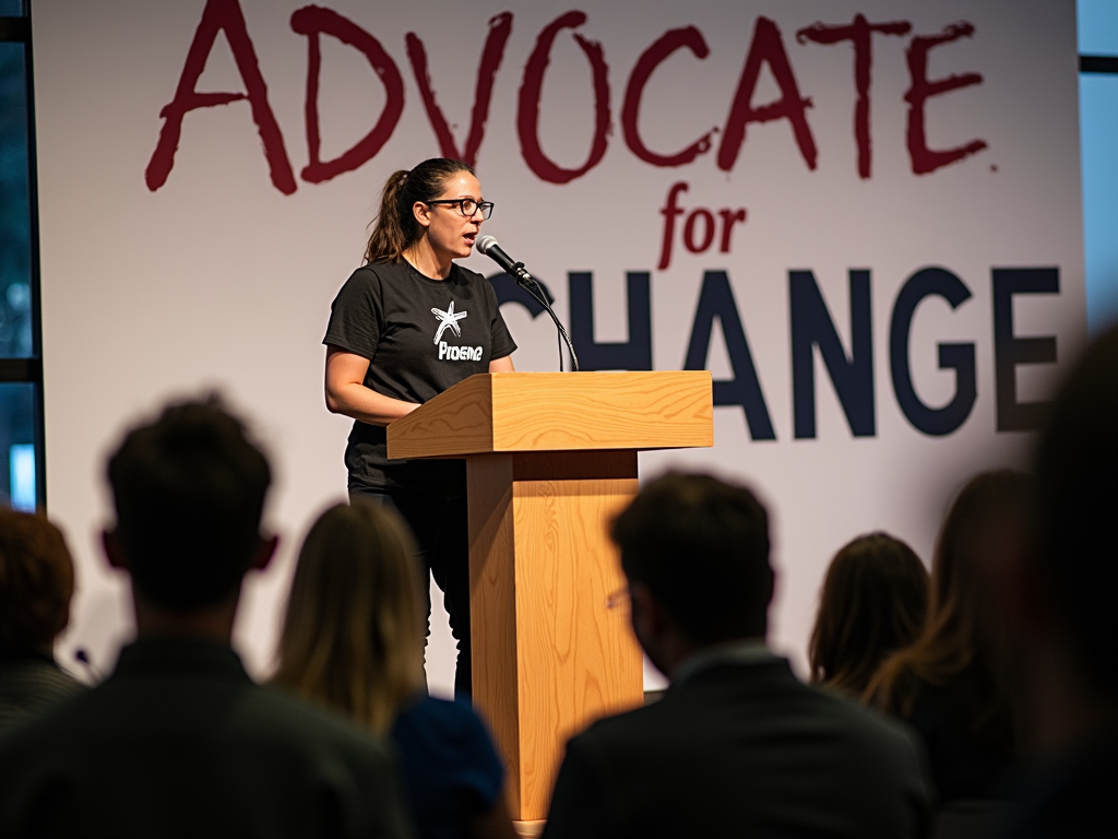 Volunteer delivering a speech at an advocacy event.