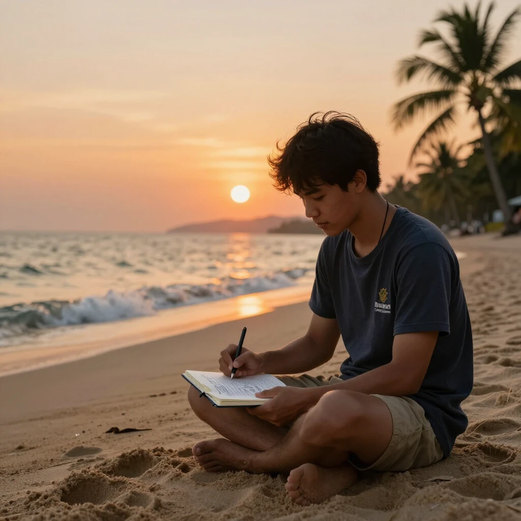 Volunteer reflecting and practicing language at Thai beach sunset