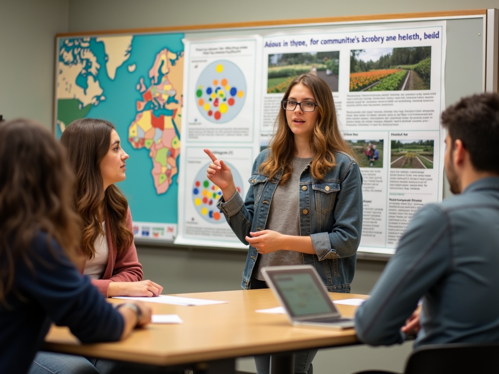 Student presenting a service-learning project poster in class.