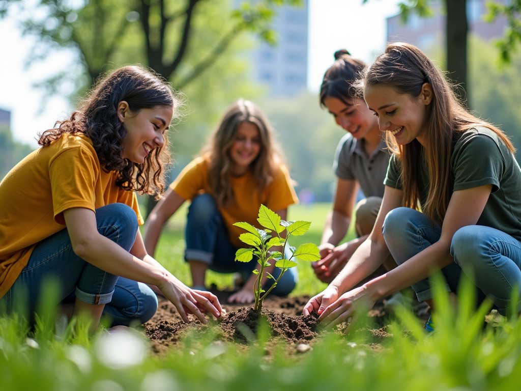 Teens planting trees in an urban setting as part of a community sustainability effort.