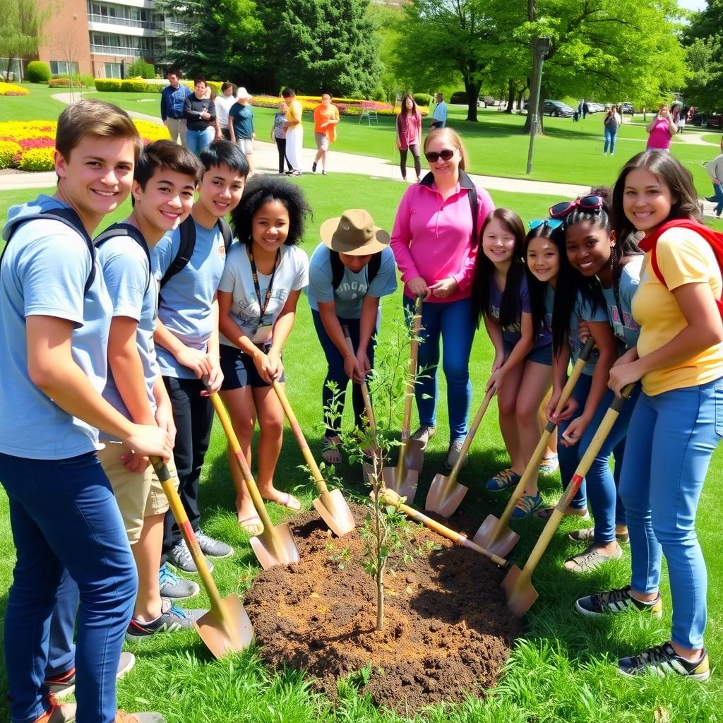 High school students planting trees during a service learning project in a community park.