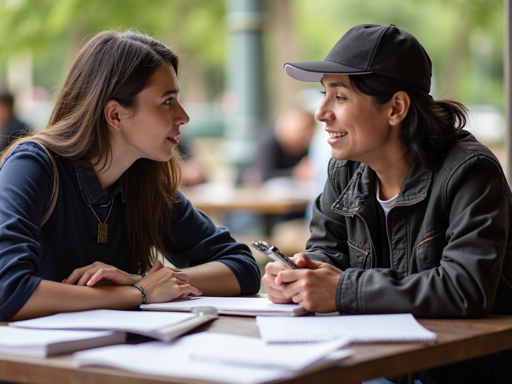 Volunteer and local participating in a language exchange
