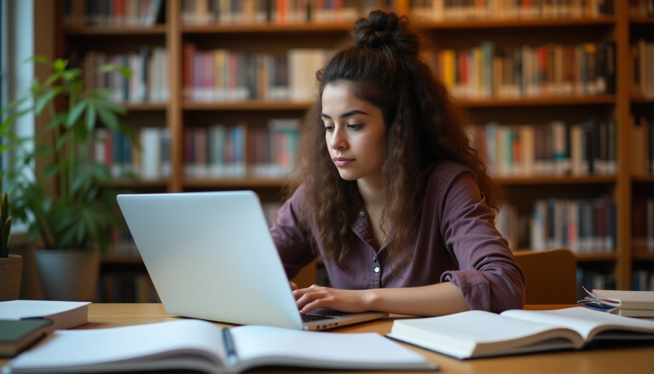 A student using a laptop in a library researching volunteer opportunities on campus.
