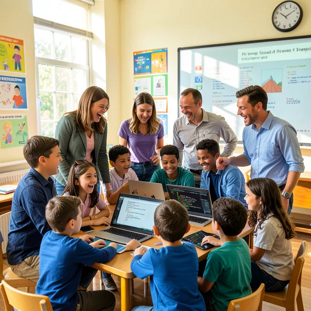 Diverse volunteers teaching technology skills to students in a classroom setting
