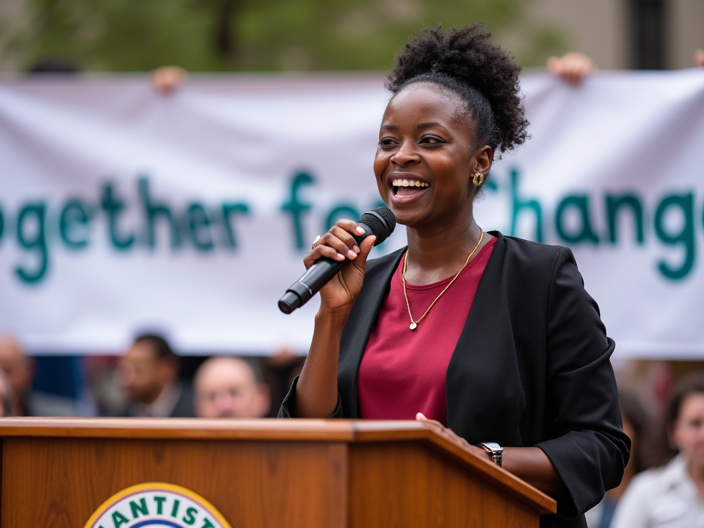Volunteer speaking at an advocacy event