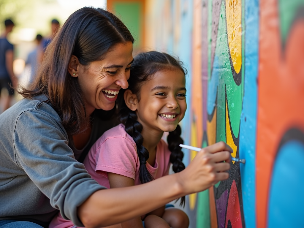 Volunteer and local child painting a mural together