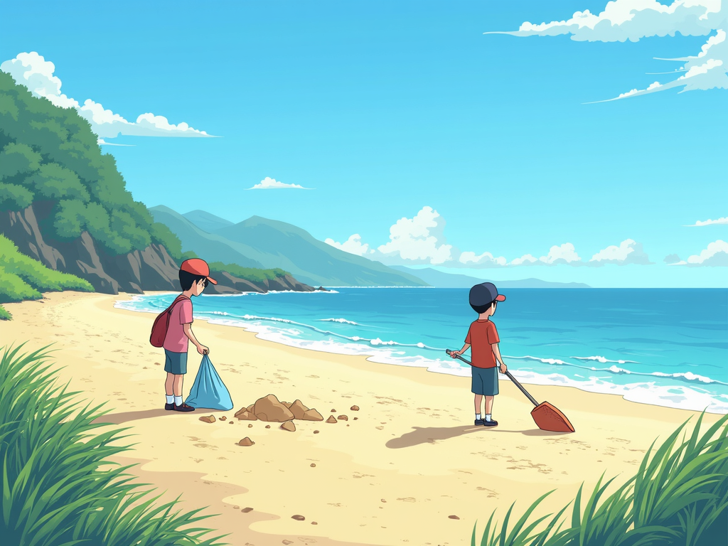 Beach cleanup post enhanced with Studio Ghibli art style filter.