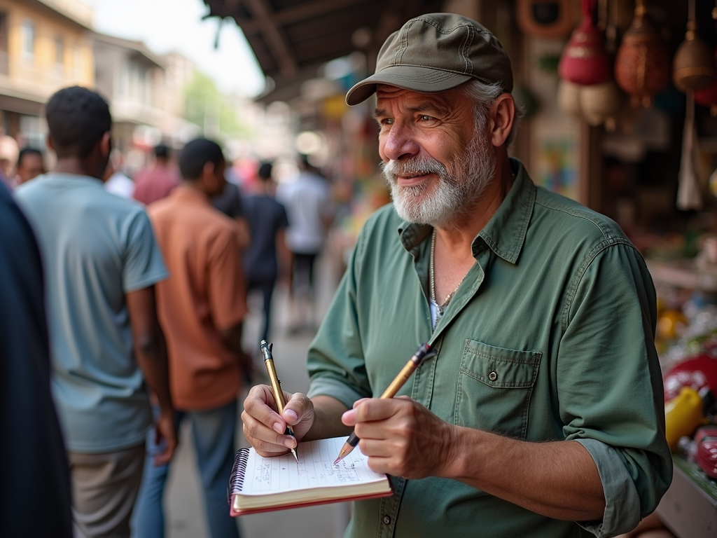 Volunteer learning vocabulary from a local shopkeeper