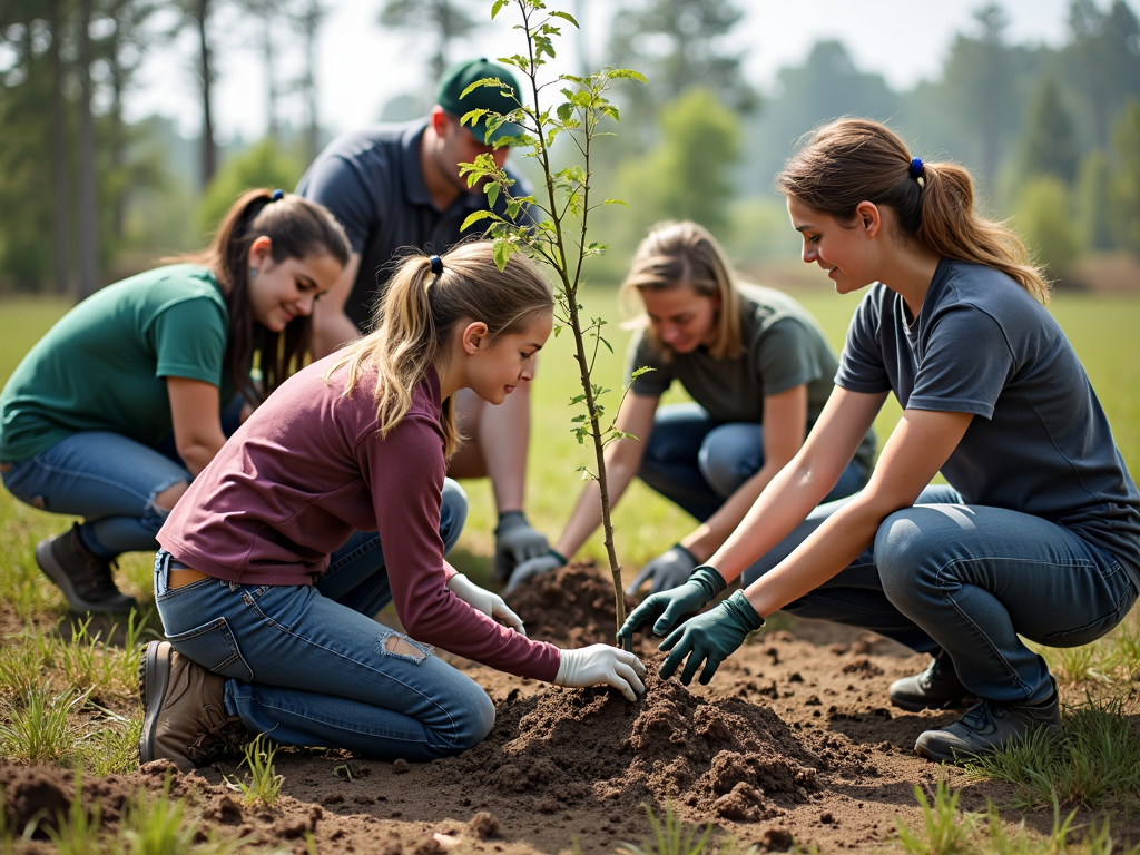 Volunteers planting trees in a conservation project