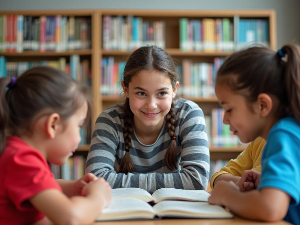 Young leader mentoring children in a library setting.