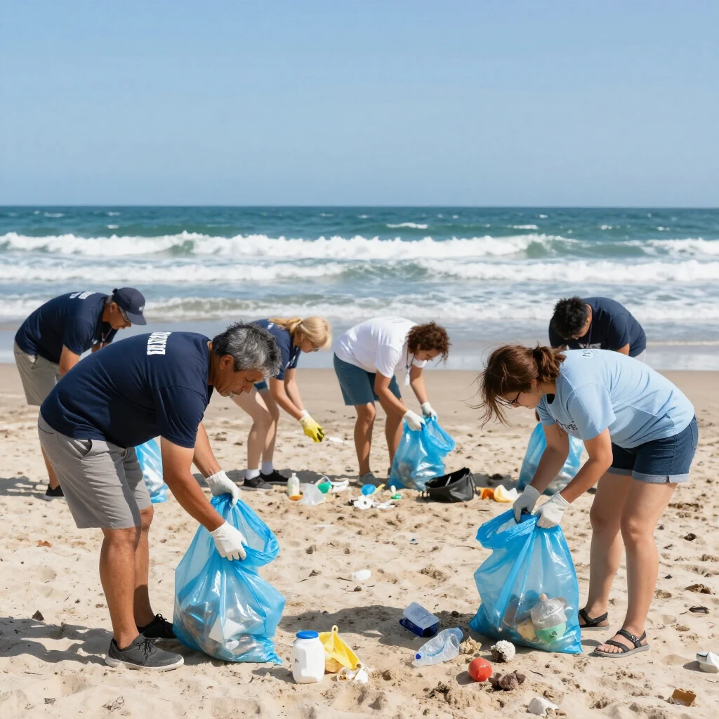 Volunteers collecting plastic trash during a beach cleanup
