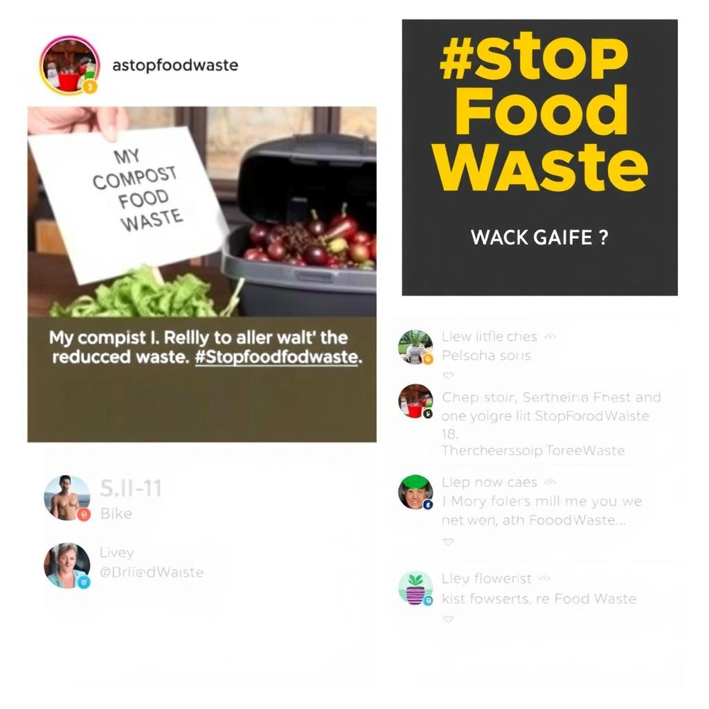Instagram post with #StopFoodWaste hashtag showing a compost bin and campaign caption.