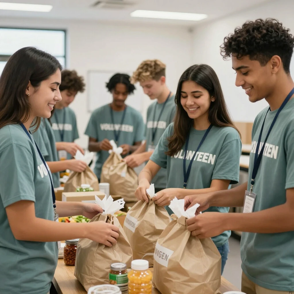 College students teaming up to volunteer at a community food bank