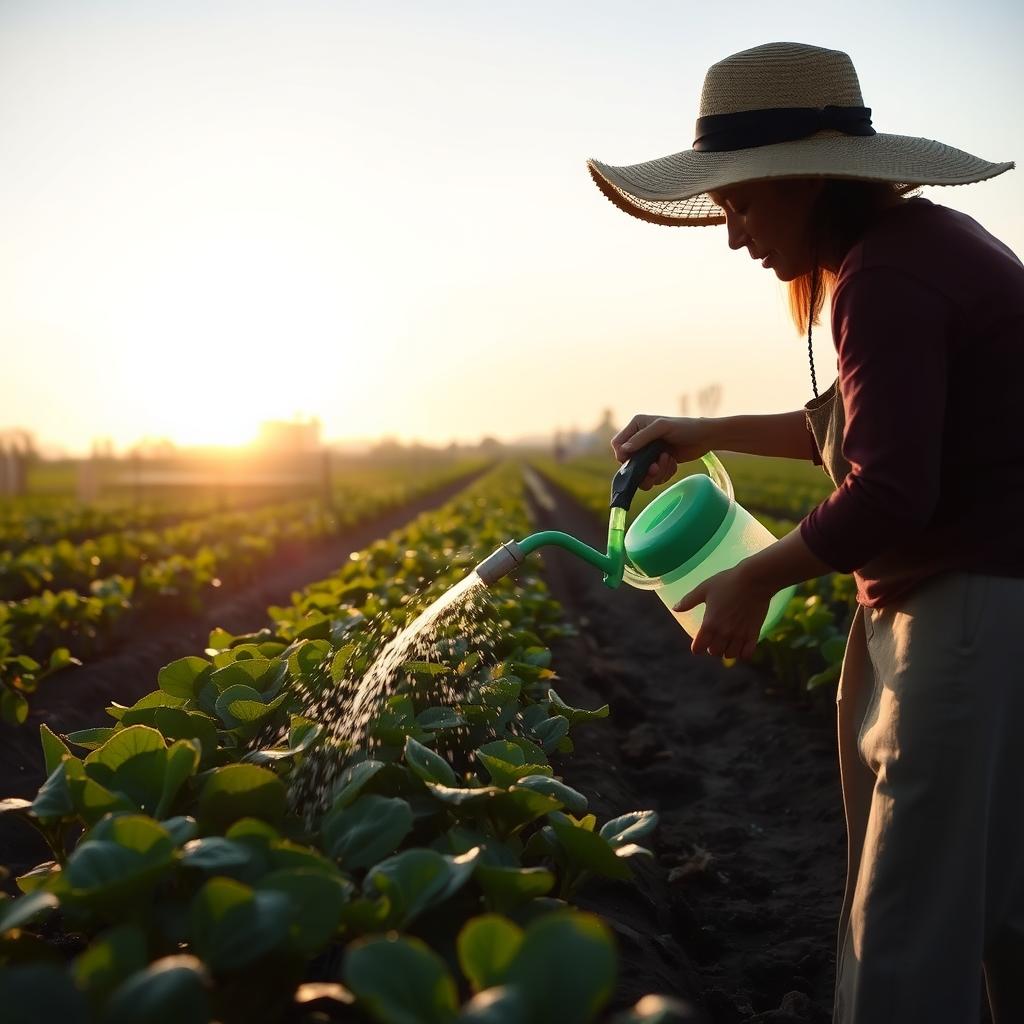 A volunteer watering plants in a community garden at sunrise, full of calm dedication.
