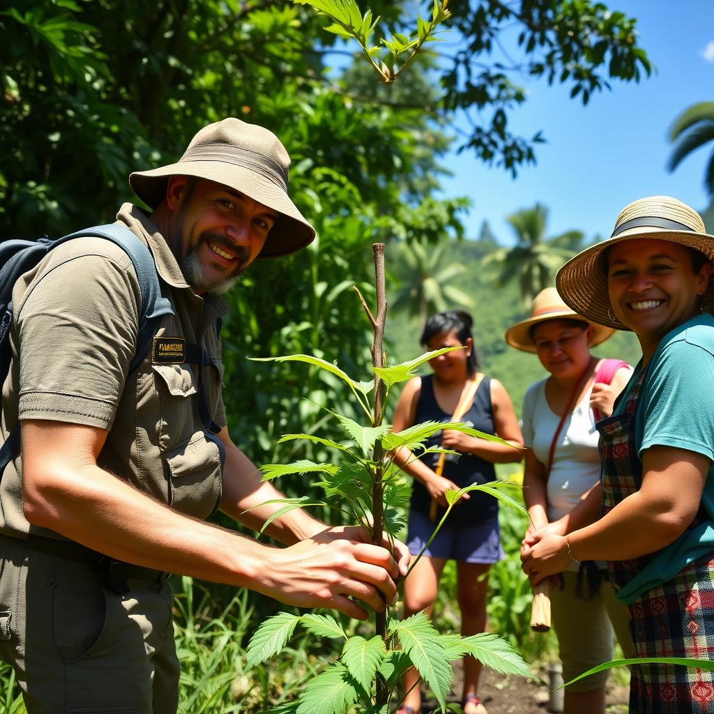 Volunteer planting a tree with locals in a Costa Rican rainforest.
