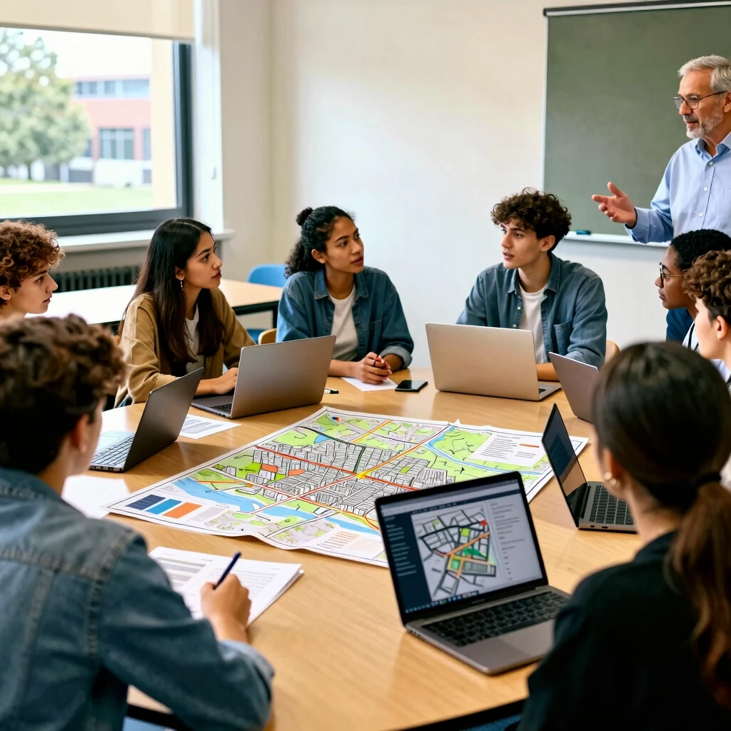 University students and professor discussing civic issues in a collaborative classroom setting