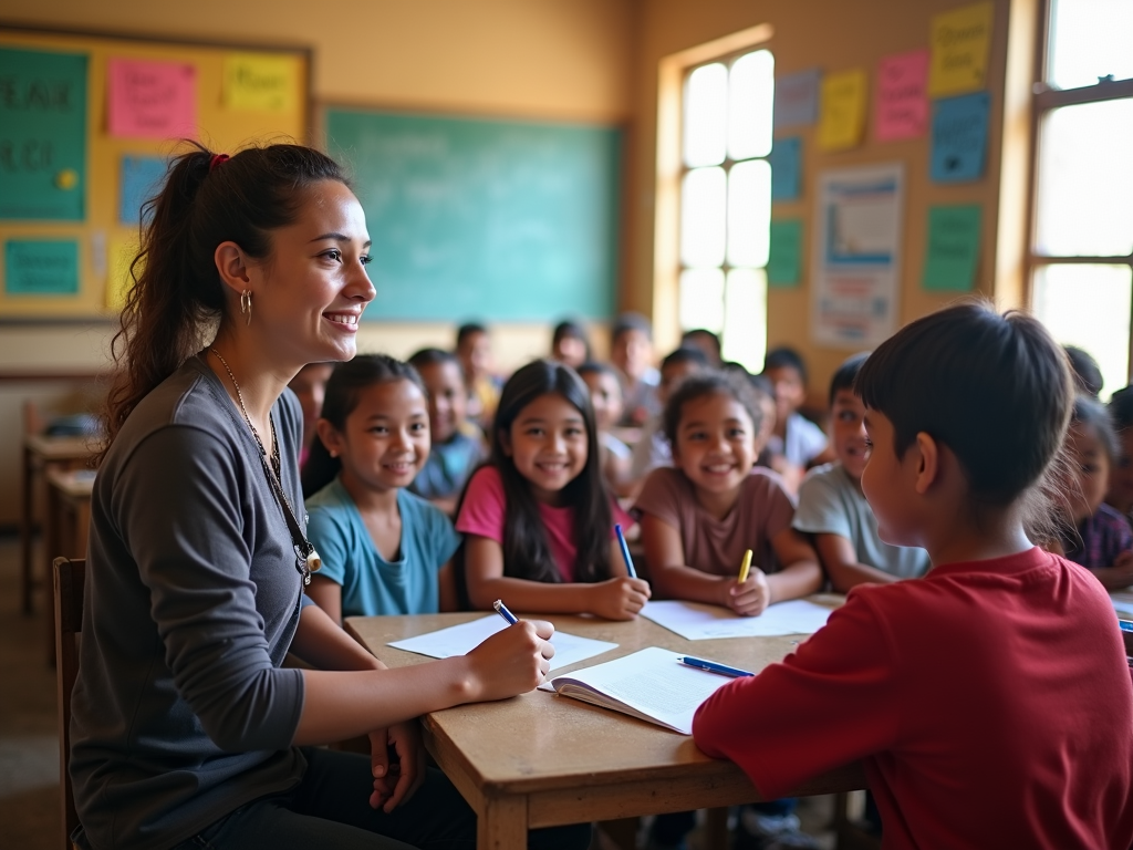 Volunteer teaching English to children in a rural classroom