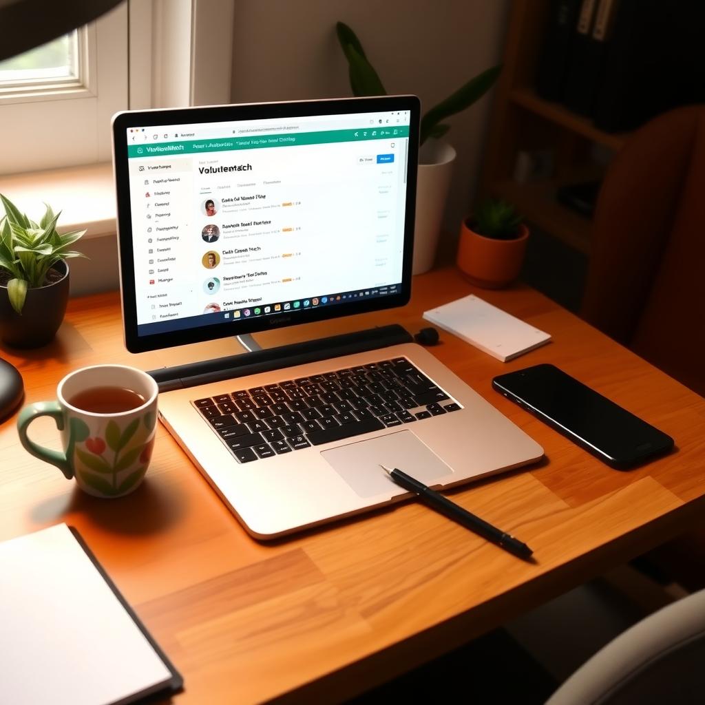 A laptop on a desk displaying online advocacy volunteering opportunities on a platform.