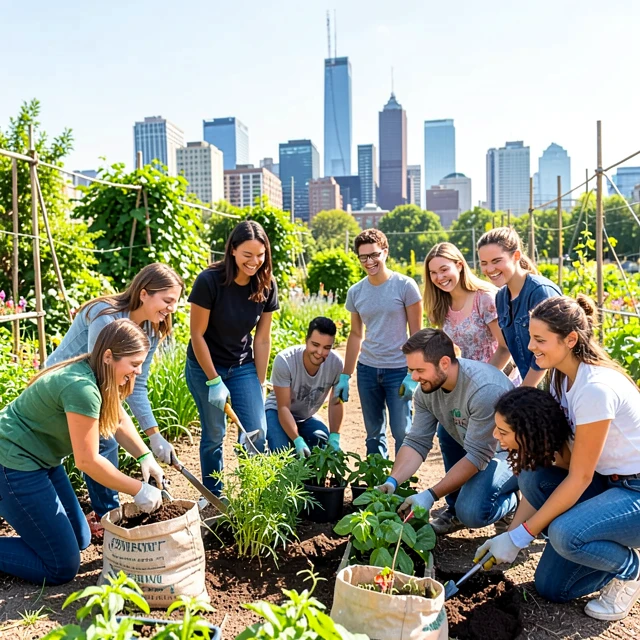Diverse volunteers planting in a community garden during a service learning project