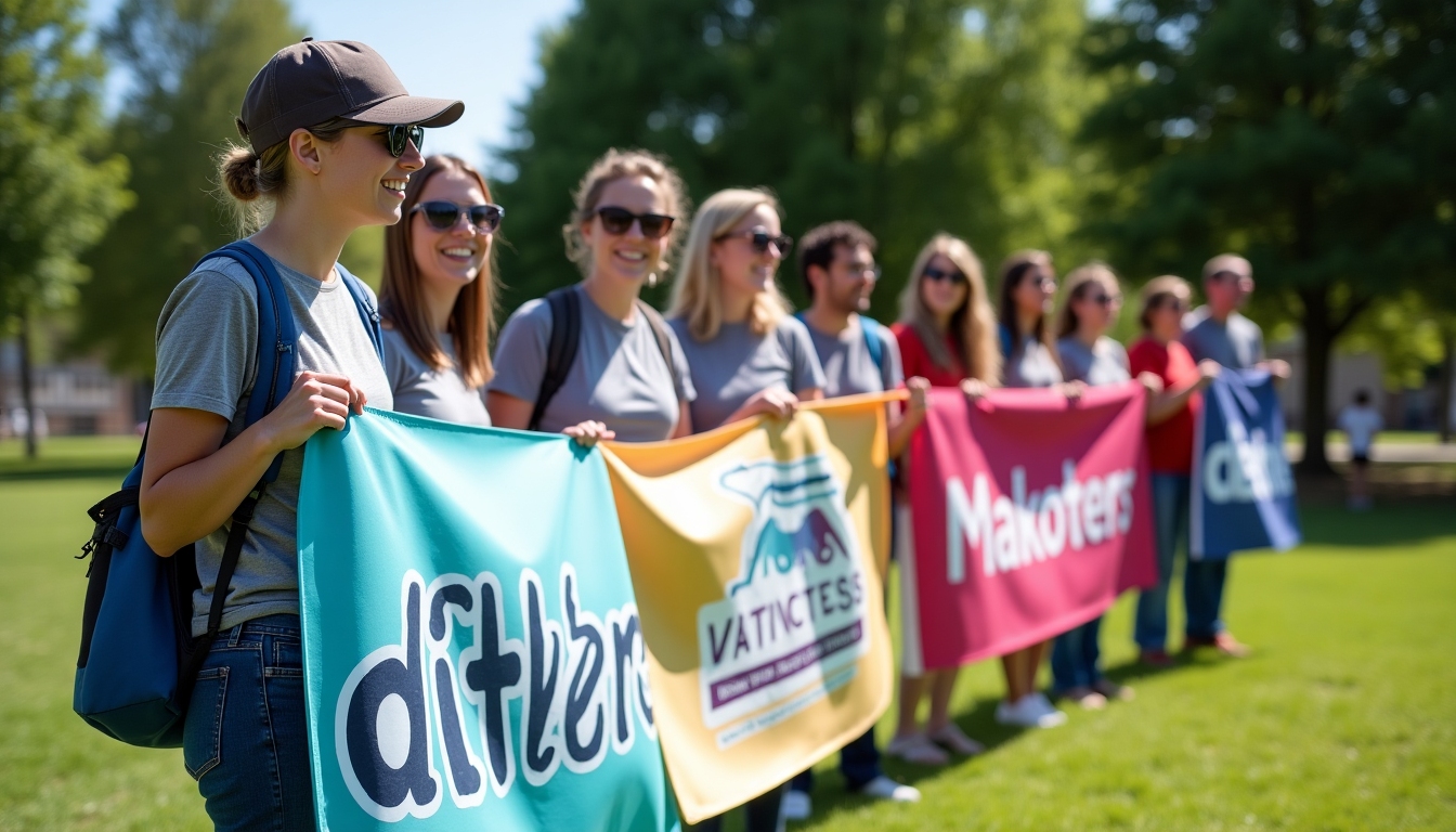 An energetic scene of volunteers setting up for an outdoor advocacy event, with banners and materials aplenty.