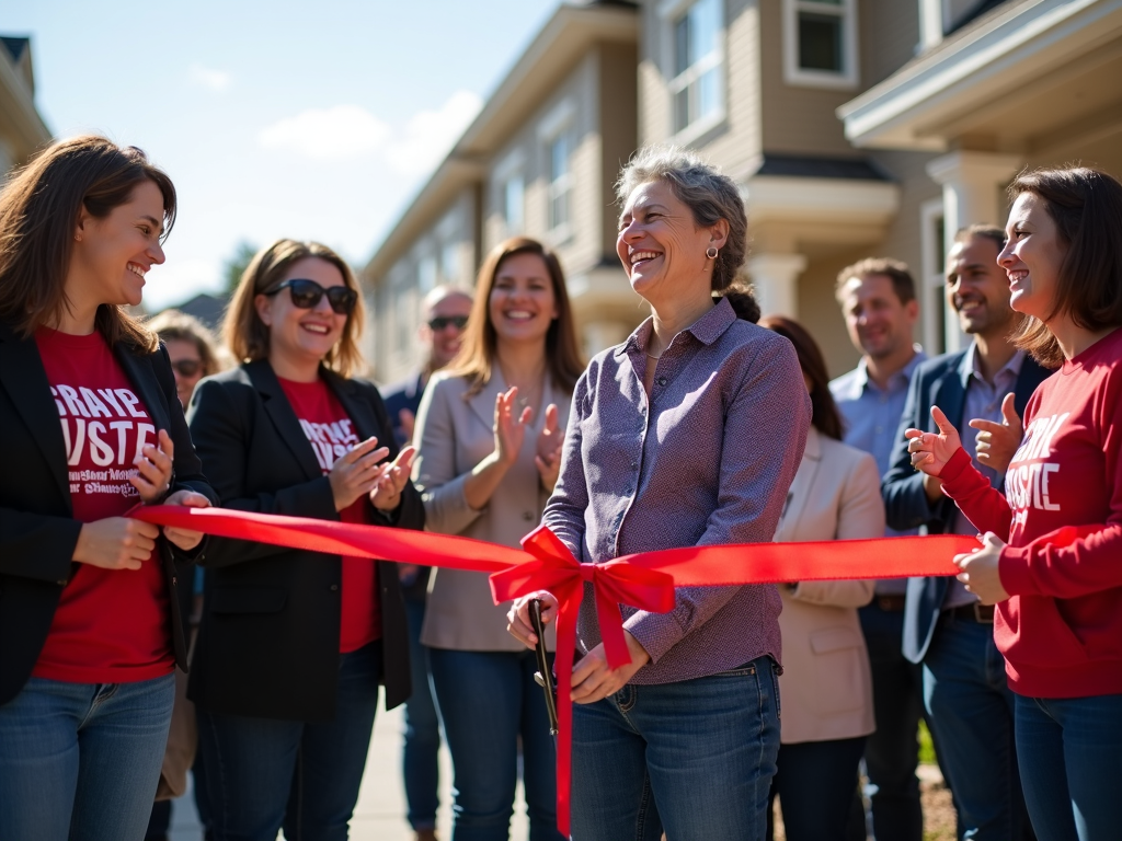 Volunteer celebrating housing victory
