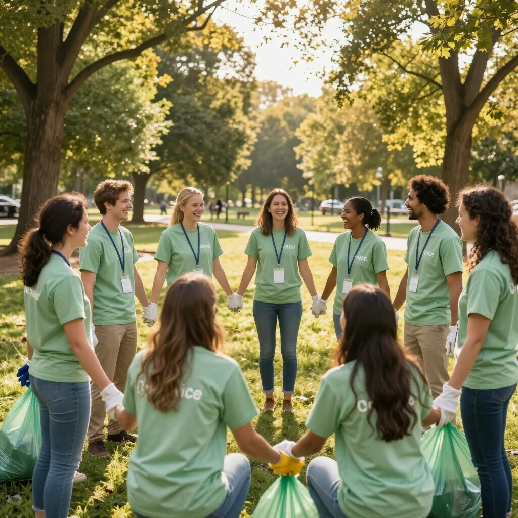 Volunteers reflecting in a web of service circle after a park clean-up