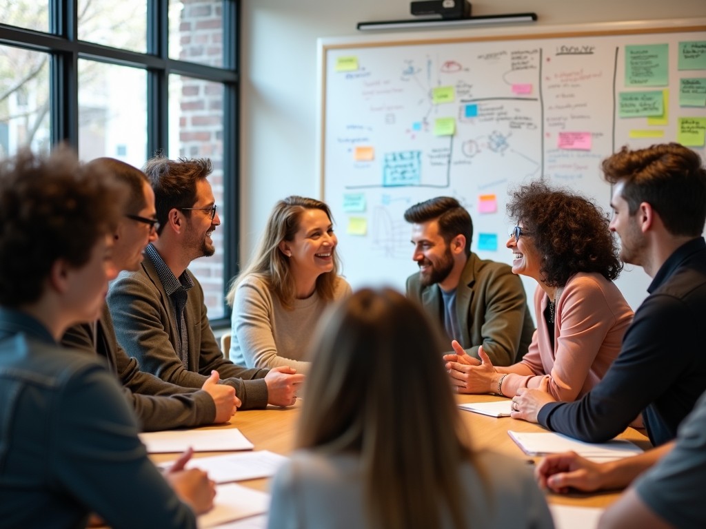 A community meeting with diverse people brainstorming ideas on a whiteboard.